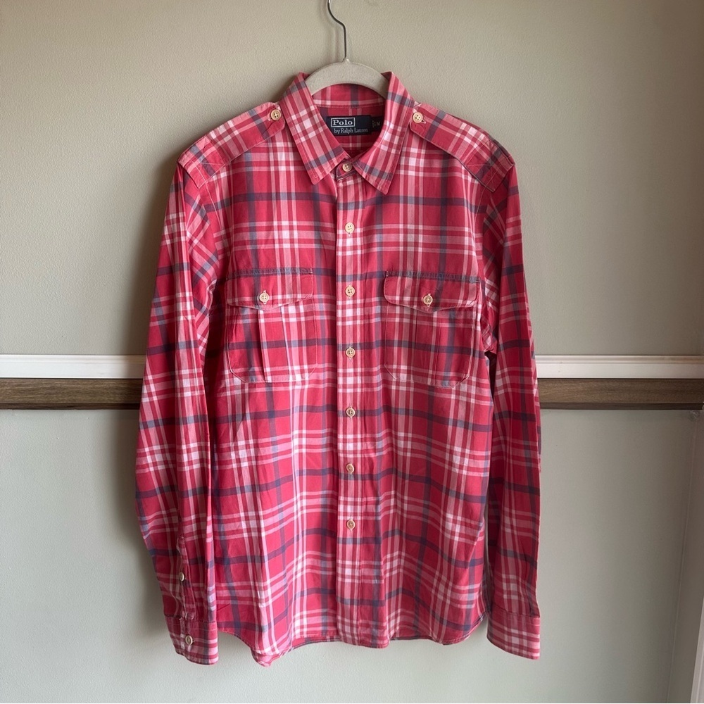 VTG Polo Ralph Lauren Cotton Officers Button Front Shirt Pink Plaid​​​